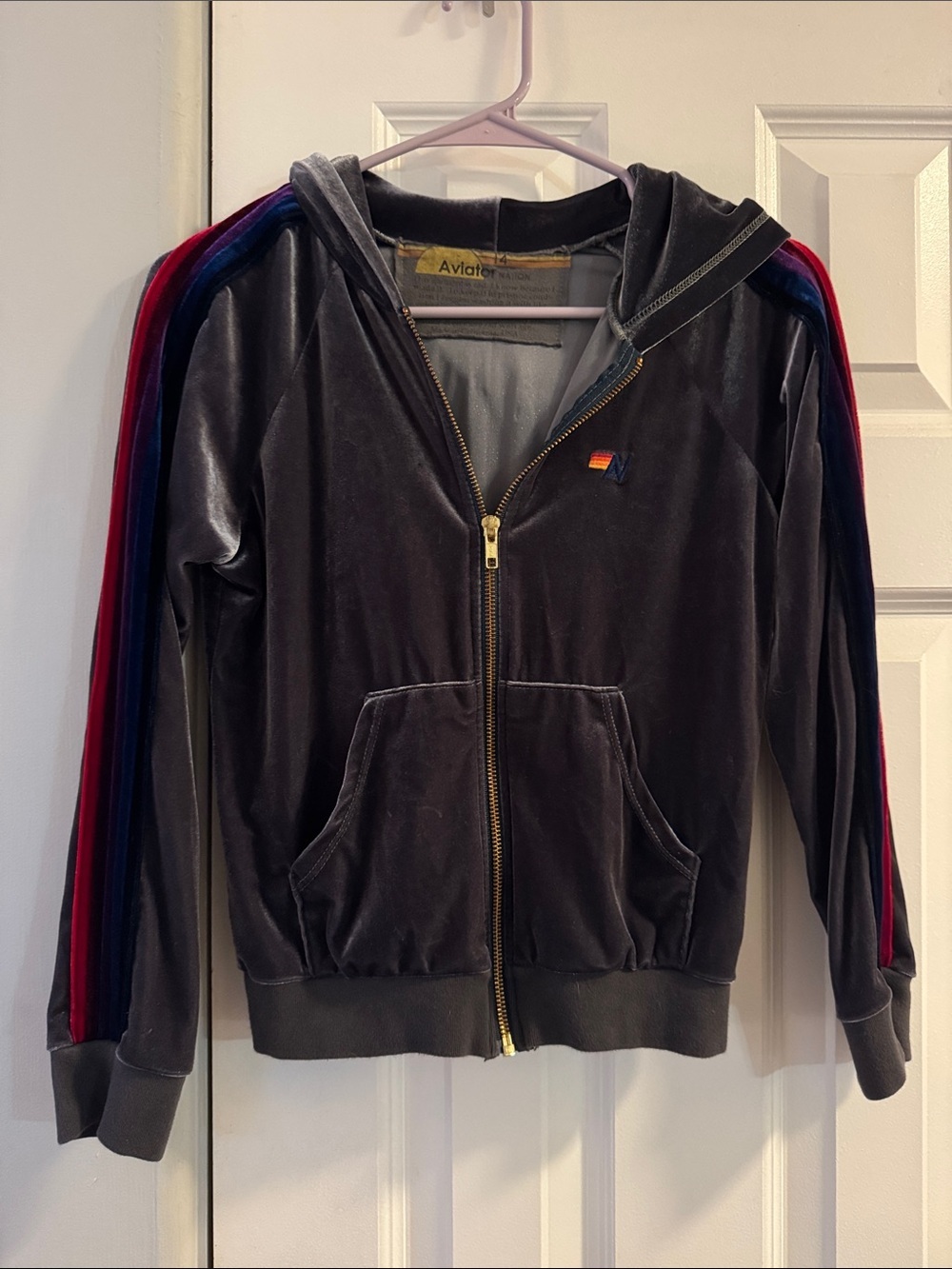 Aviator Nation Charcoal Velour Zip Hoodie with Multicolor Stripe